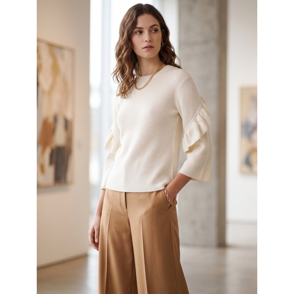 NWT Tory Burch Ashley Wool Ribbed Ruffle Bell Sleeve Sweater Ivory XS M $348